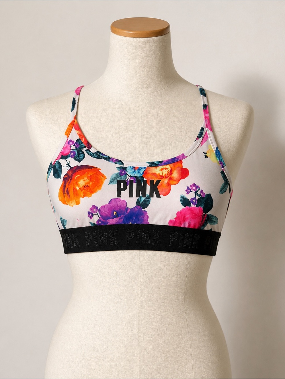 PINK Victoria's Secret Floral Scoop Sports Bra in White with Multicolor Blooms